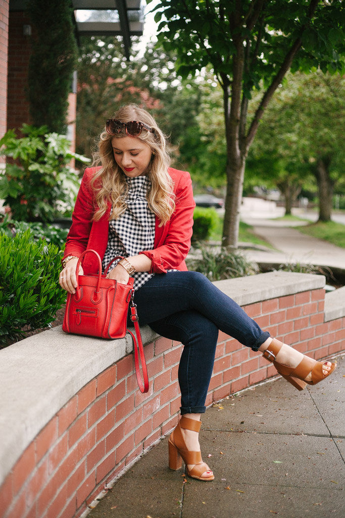 red blazer - celine nano luggage tote - Victoria Beckham gingham 