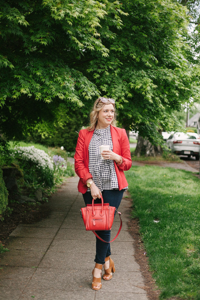 red blazer - celine nano luggage tote - Victoria Beckham gingham 