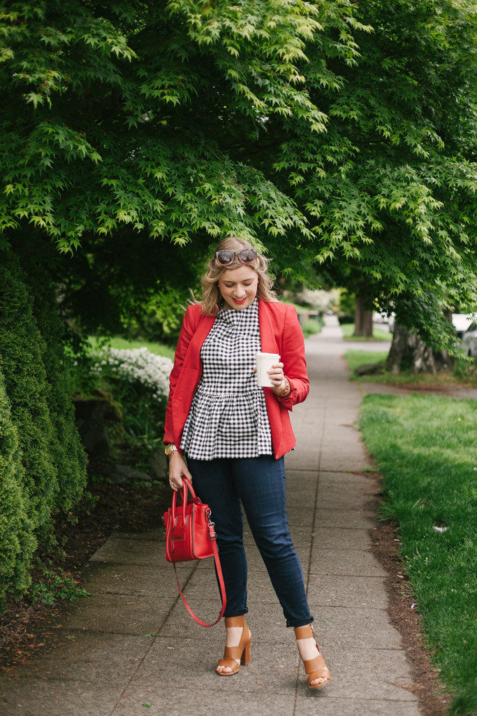 red blazer - celine nano luggage tote - Victoria Beckham gingham