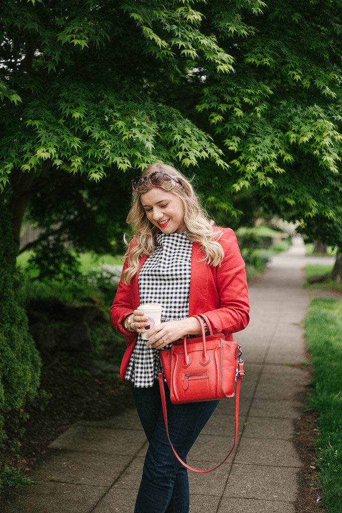 red blazer - celine nano luggage tote - Victoria Beckham gingham 