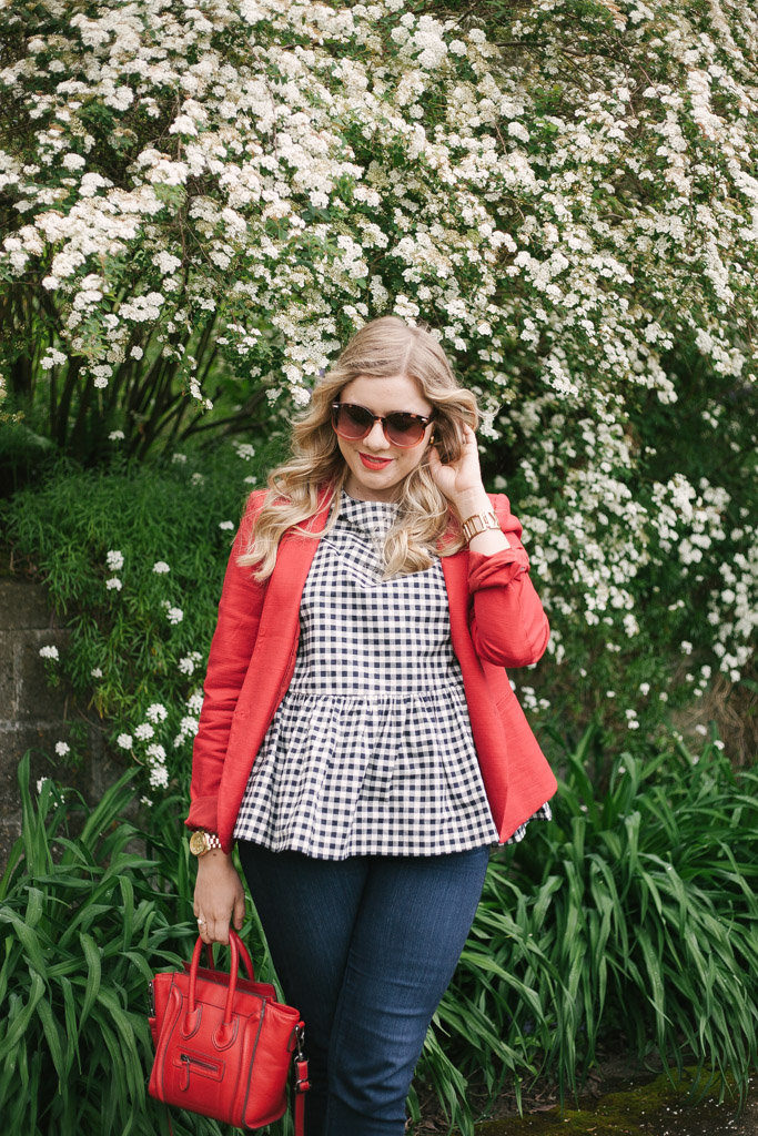 red blazer - celine nano luggage tote - Victoria Beckham gingham 