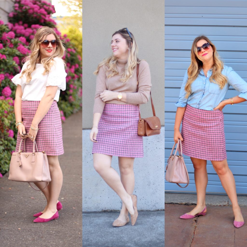 1 skirt, 3 ways - j.crew mini skirt - pink mini skirt - houndstooth skirt