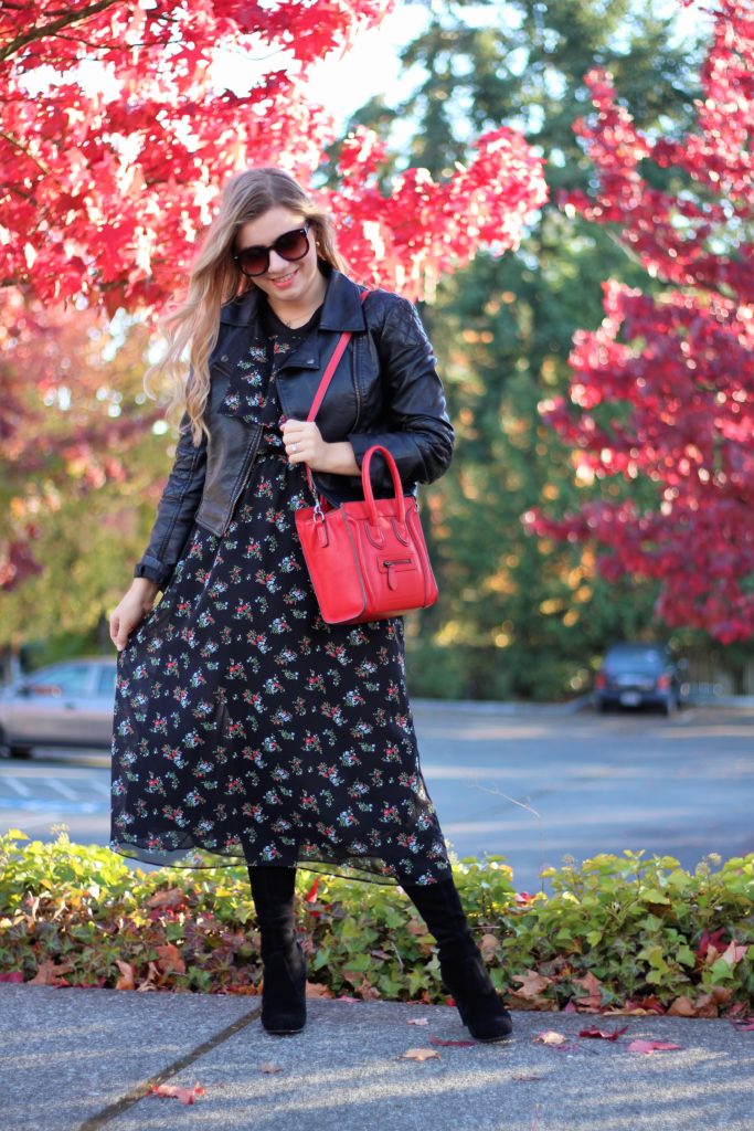 best stores for holiday shopping - wear floral in fall - the stockplace - red celine nano look alike - stuart weitzman higland - otk boots short girl- cute fall outfit - maxi dress in fall 