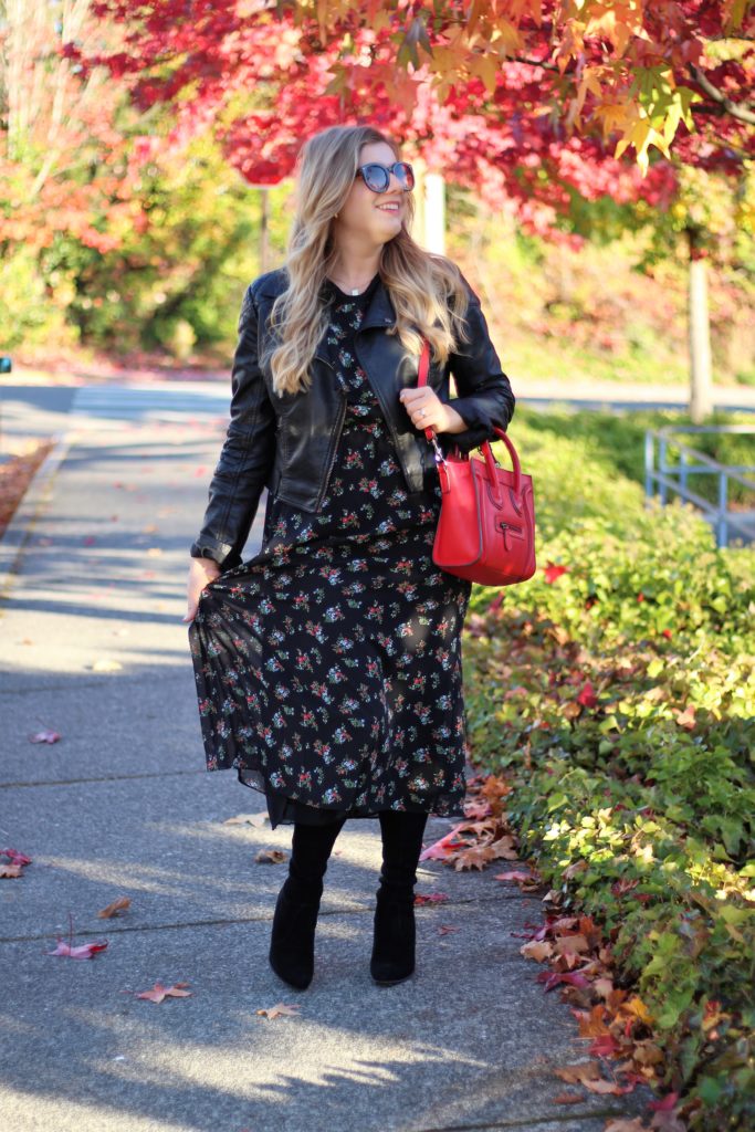 best stores for holiday shopping - wear floral in fall - the stockplace - red celine nano look alike - stuart weitzman higland - otk boots short girl- cute fall outfit - maxi dress in fall 