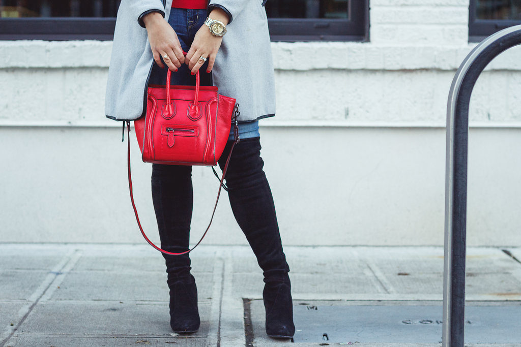 easy and warm winter outfit - stuart weitzman winter outfit - red sweater - celine mini luggage look alike 