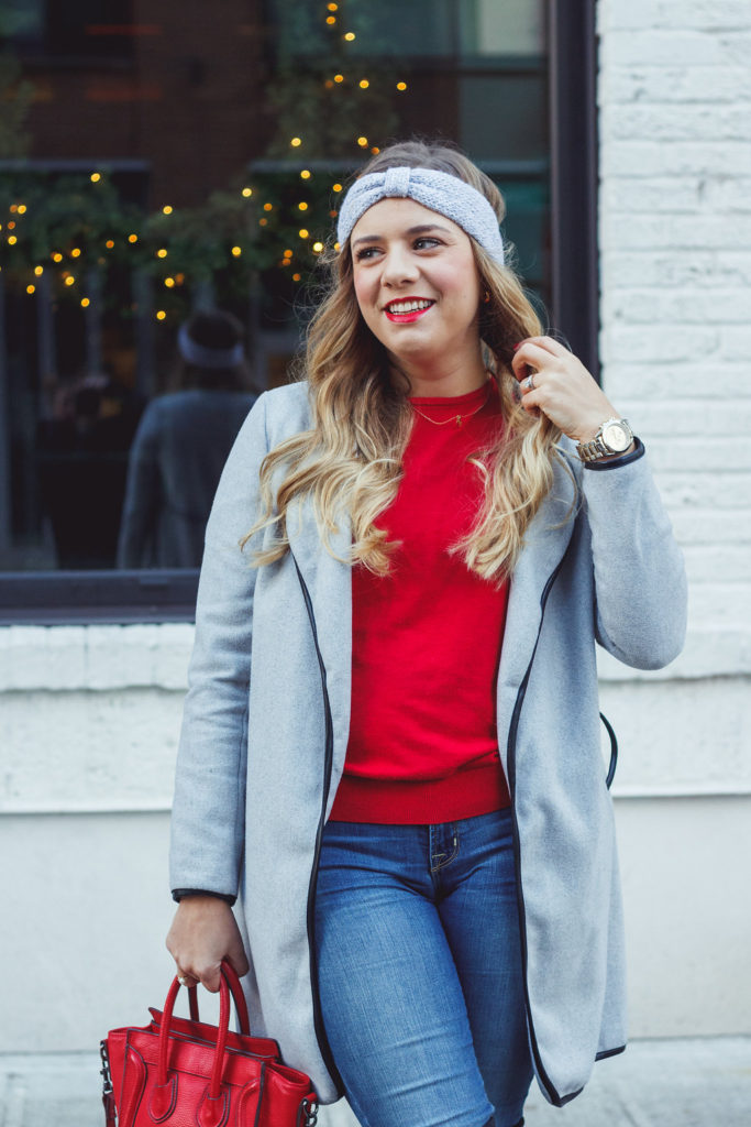 easy and warm winter outfit - stuart weitzman winter outfit - red sweater - celine mini luggage look alike 