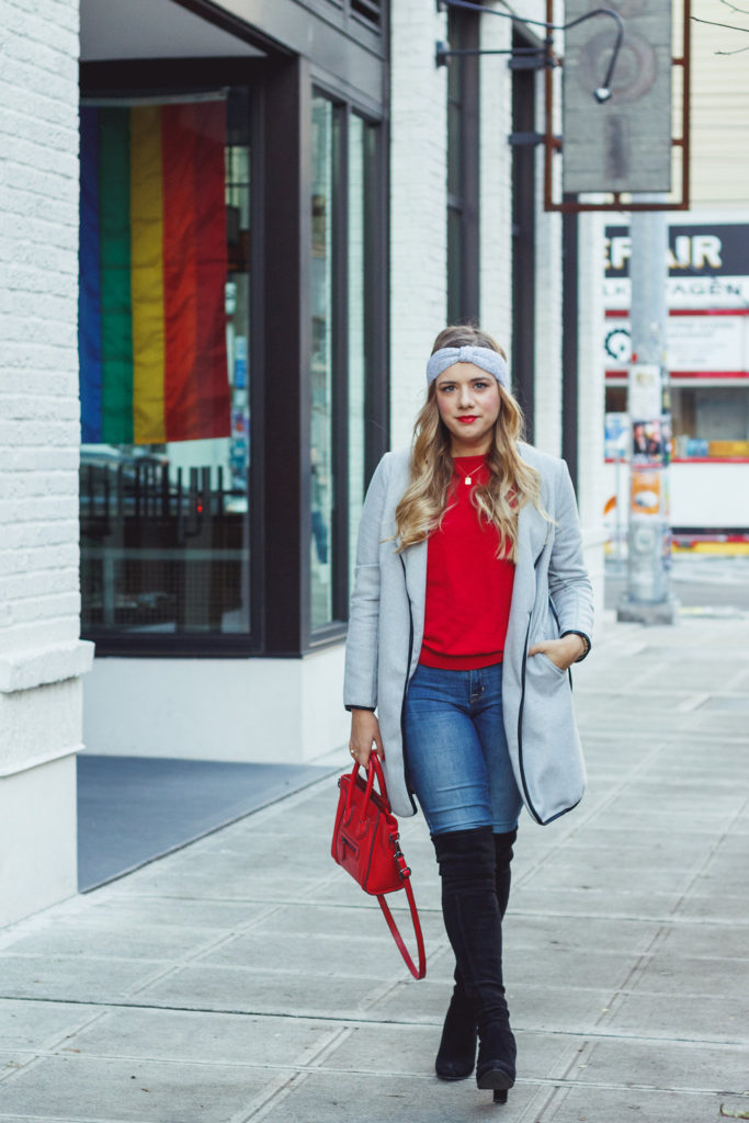 easy and warm winter outfit - stuart weitzman winter outfit - red sweater - celine mini luggage look alike 