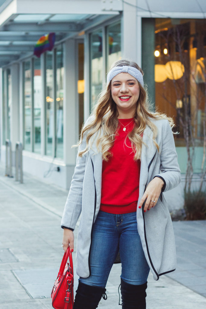 easy and warm winter outfit - stuart weitzman winter outfit - red sweater - celine mini luggage look alike 