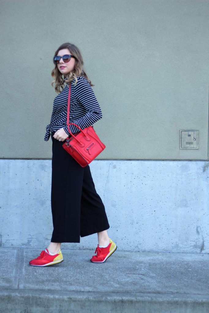 athleisure trend - why I don't wear athleisure - casual black culottes - celine luggage nano - Brooks running heritage - black white red outfit idea 2