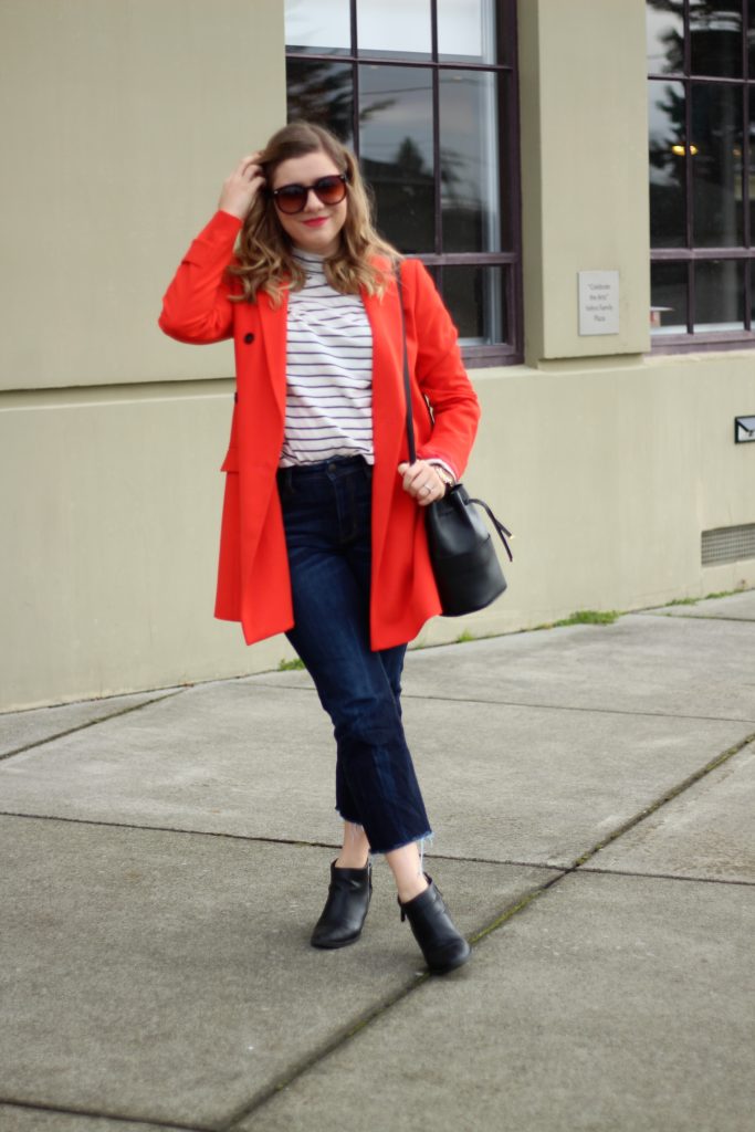 red ann taylor coat - American Eagle crop jeans - easy weekend style - go red for women - cuyana bucket bag