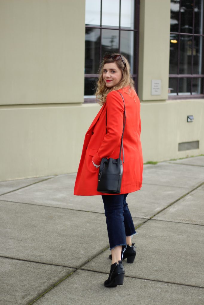 red ann taylor coat - American Eagle crop jeans - easy weekend style - go red for women - cuyana bucket bag