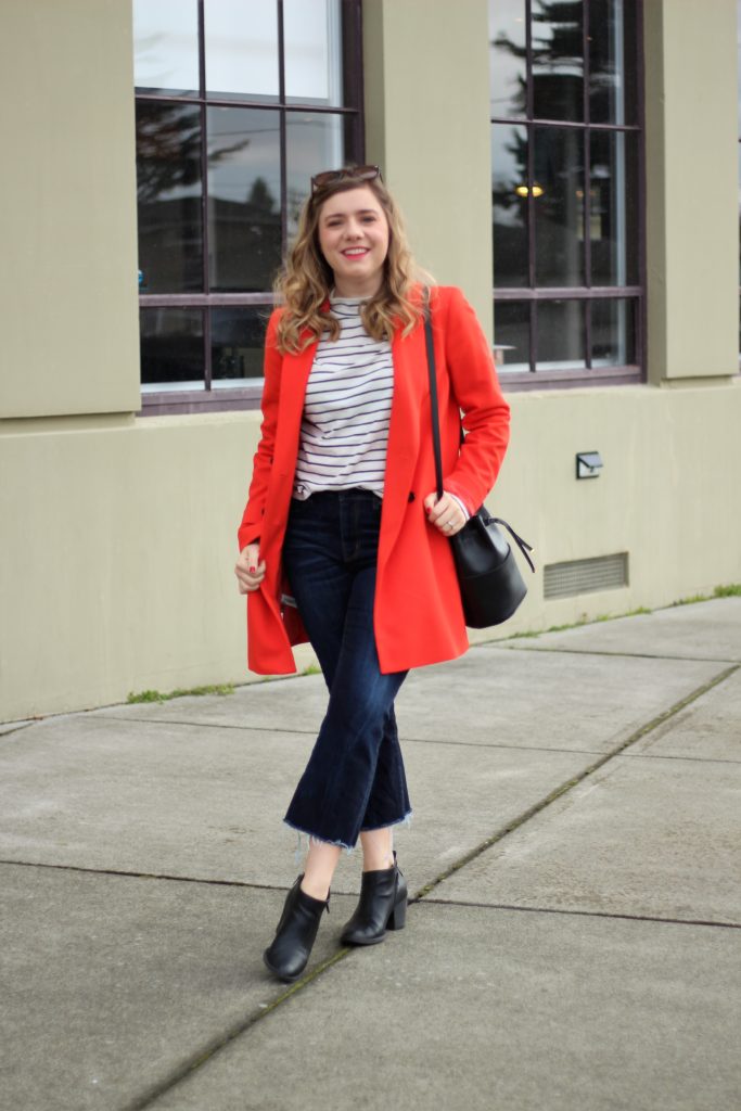 red ann taylor coat - American Eagle crop jeans - easy weekend style - go red for women - cuyana bucket bag