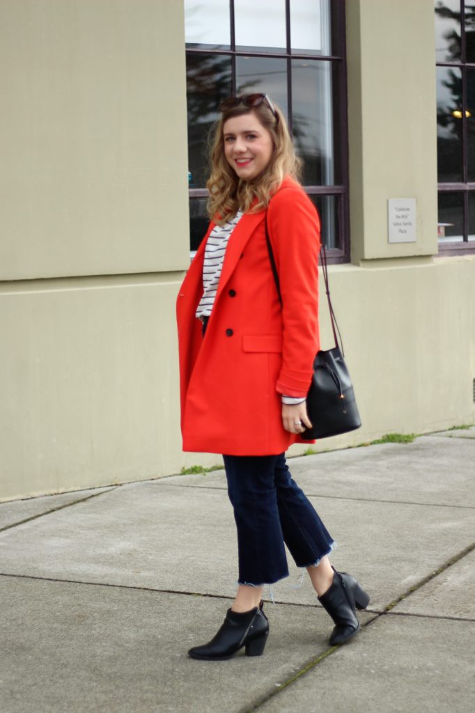 red ann taylor coat - American Eagle crop jeans - easy weekend style - go red for women - cuyana bucket bag