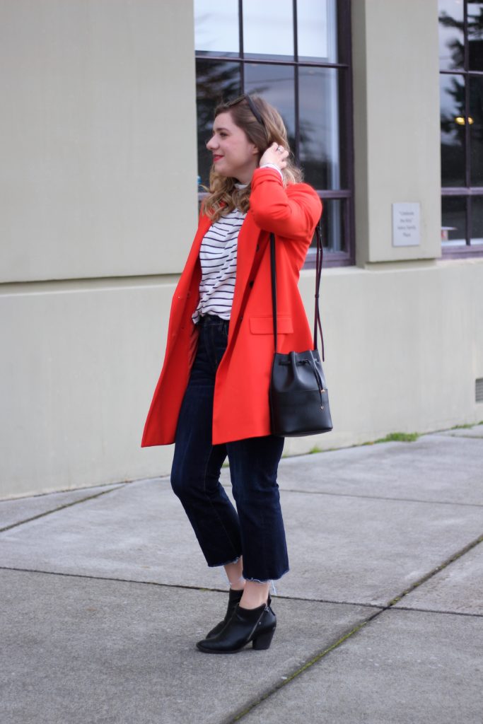 red ann taylor coat - American Eagle crop jeans - easy weekend style - go red for women - cuyana bucket bag