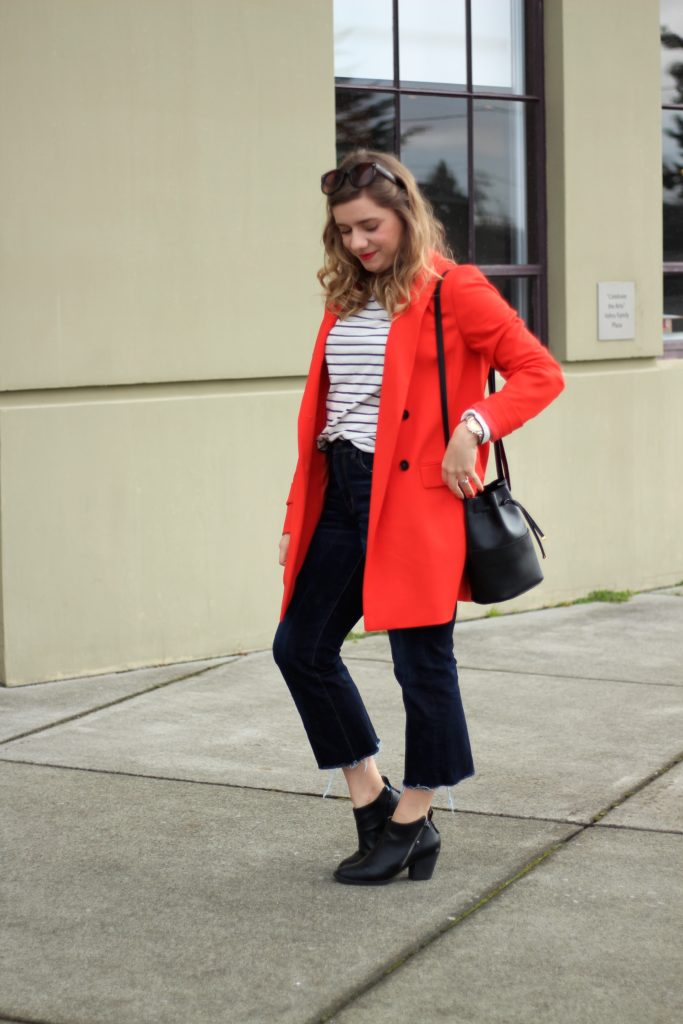 red ann taylor coat - American Eagle crop jeans - easy weekend style - go red for women - cuyana bucket bag