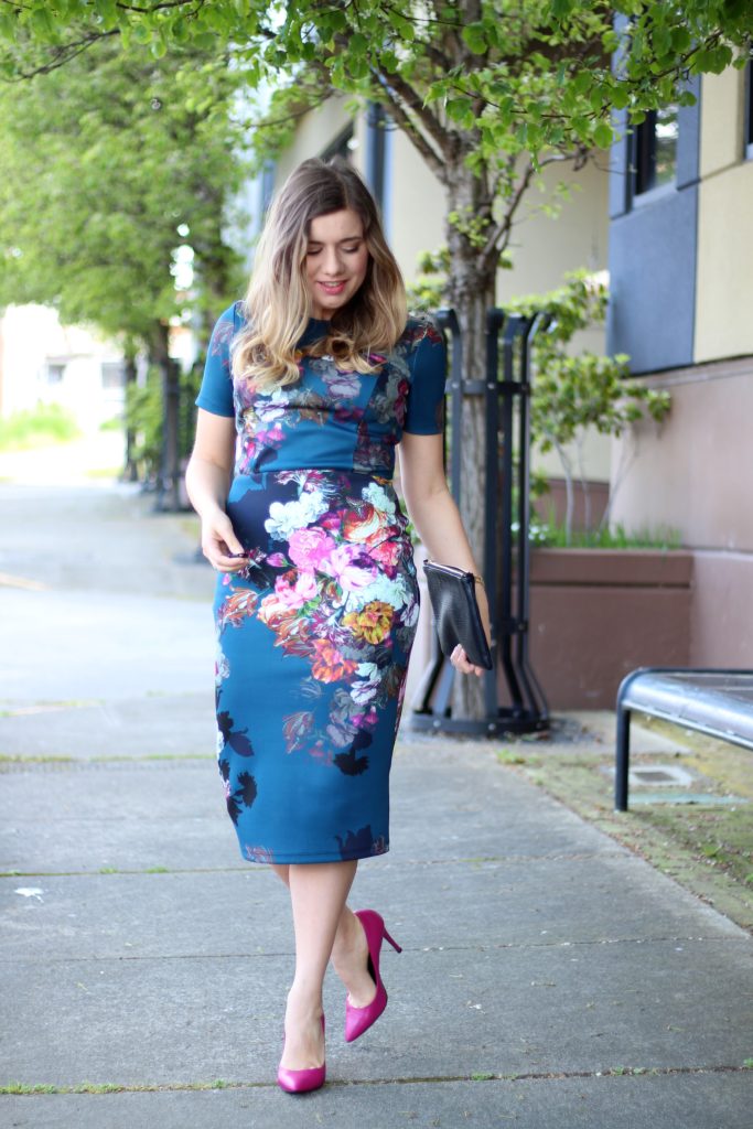 asos wiggle midi dress - why you should shop second hand clothing - pink heels outfit - wedding guest outfit