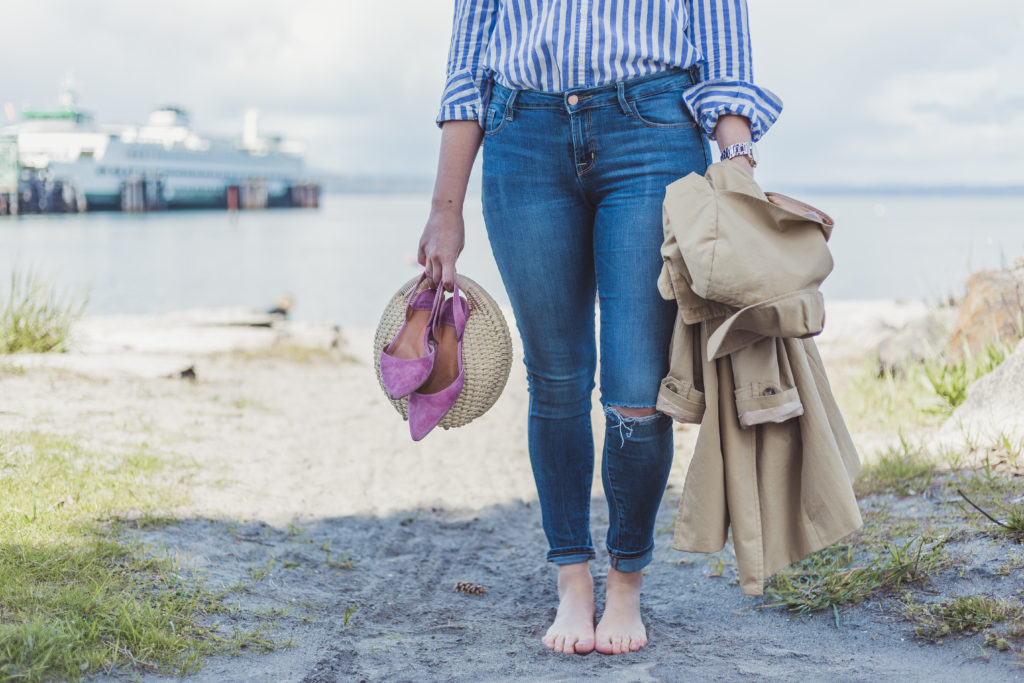 casual summer outfit - chic summer outfit - stripe button up shirt - Old Navy rockstar jeans 