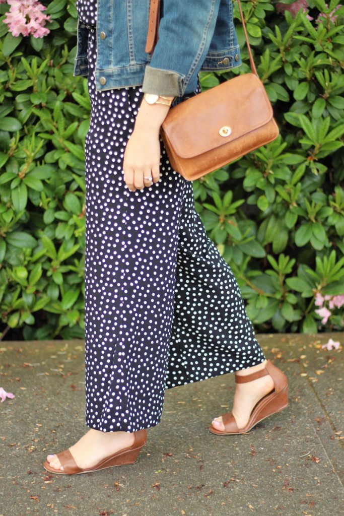 polka dot jumpsuit - easy spring style - vintage Coach city bag - Target wedges