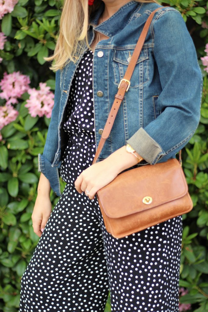 polka dot jumpsuit - easy spring style - vintage coach city bag