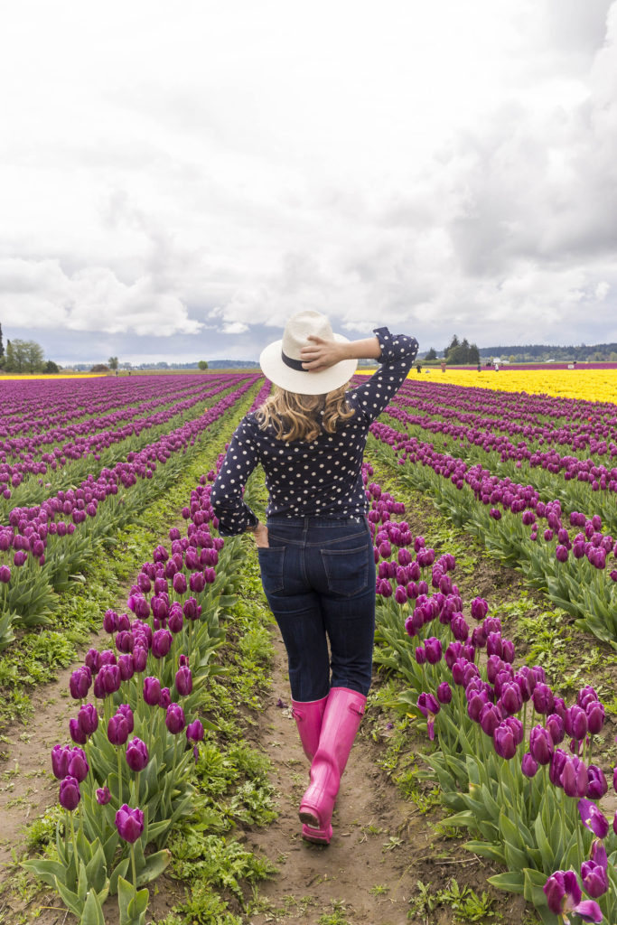 most worn spring accessories - pink hunter boots - J.Crew trench coat - tulip fields - tulip festival - Skagit Valley tulip festival 