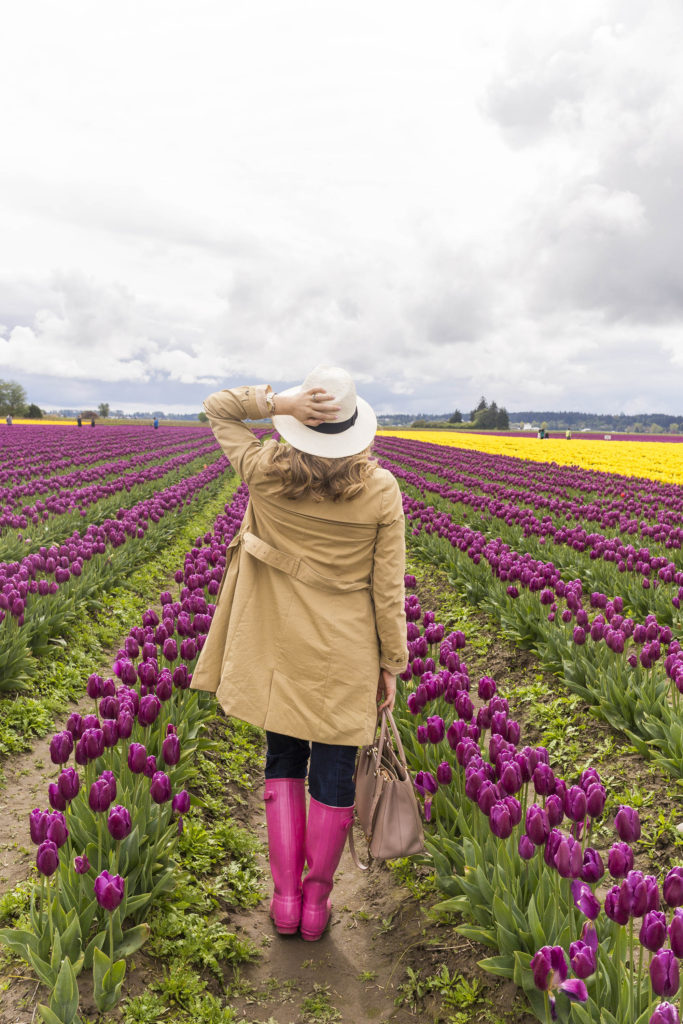 most worn spring accessories - pink hunter boots - J.Crew trench coat - tulip fields - tulip festival - Skagit Valley tulip festival 