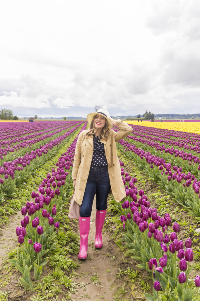 most worn spring accessories - pink hunter boots - J.Crew trench coat - tulip fields - tulip festival - Skagit Valley tulip festival 