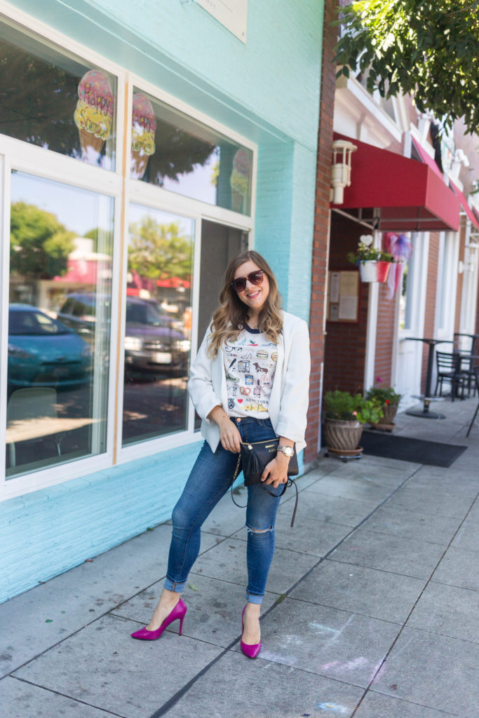 J.crew New York tee - Old Navy rockstar jeans - GiGi New York - dressy casual outfit idea