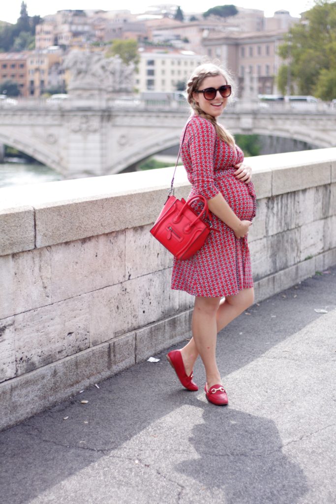 lady in red in rome - red loafer outfit - louise et cie loafers - travel capsule wardrobe - banana republic wrap dress - spring maternity outfit idea 