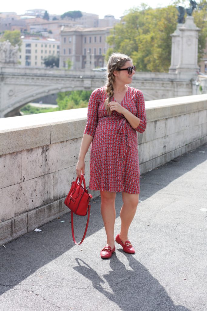 lady in red in rome - red loafer outfit - louise et cie loafers - travel capsule wardrobe - banana republic wrap dress - spring maternity outfit idea 