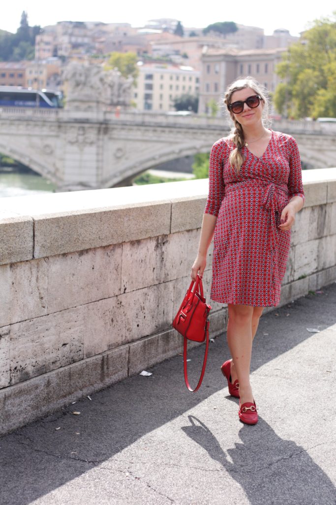 lady in red in rome - red loafer outfit - louise et cie loafers - travel capsule wardrobe - banana republic wrap dress - spring maternity outfit idea 