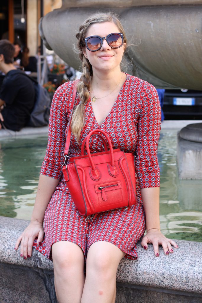 lady in red in rome - red loafer outfit - louise et cie loafers - travel capsule wardrobe - banana republic wrap dress - spring maternity outfit idea 