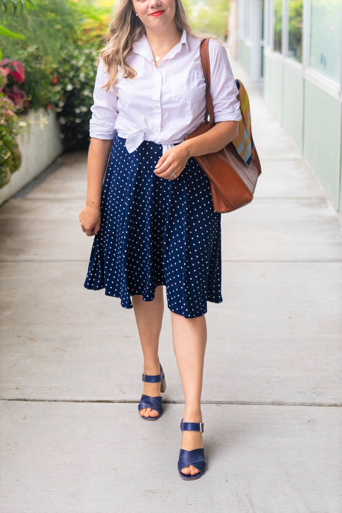 navy blue polka dot skirt outfit