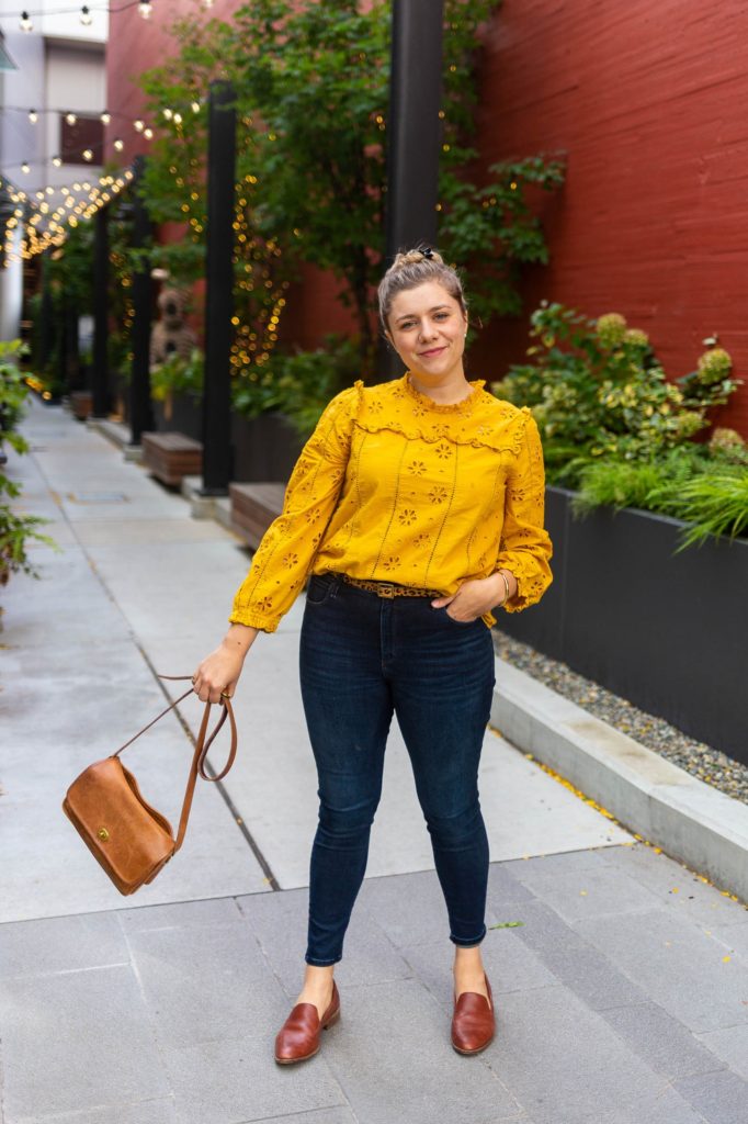 j.crew eyelet top yellow - abercrombie skinny jeans - best postpartum skinny jeans - coach city bag - madewell frances loafers - northwest blonde - seattle style blog - classic style 2